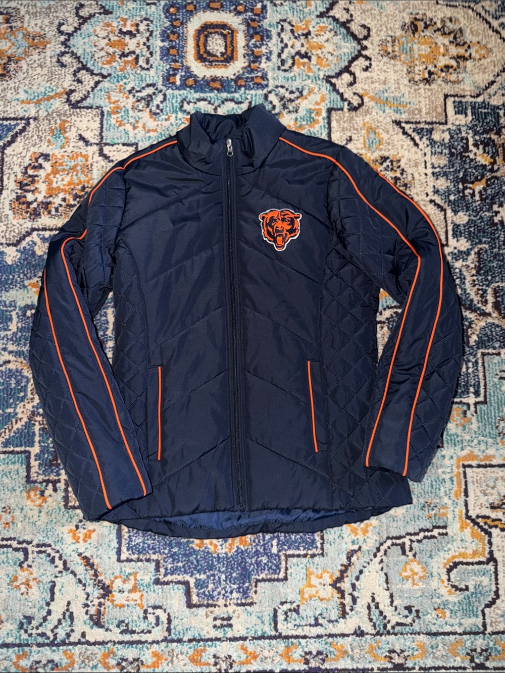 Women’s Chicago Bears Navy Quilted Jacket with Orange Piping